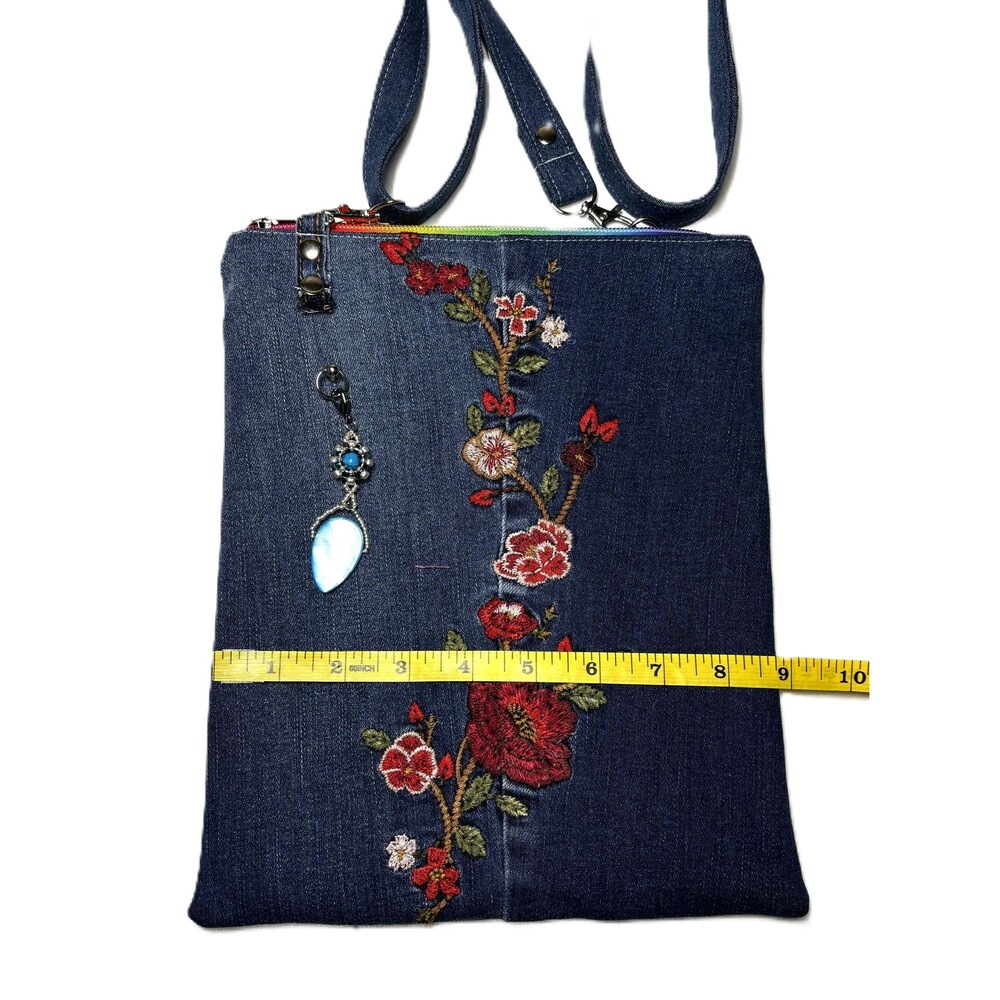 Handmade Upcycled Flower Embroidered Crossbody Bag With Handmade Beaded Tassel - Picture 3 of 5
